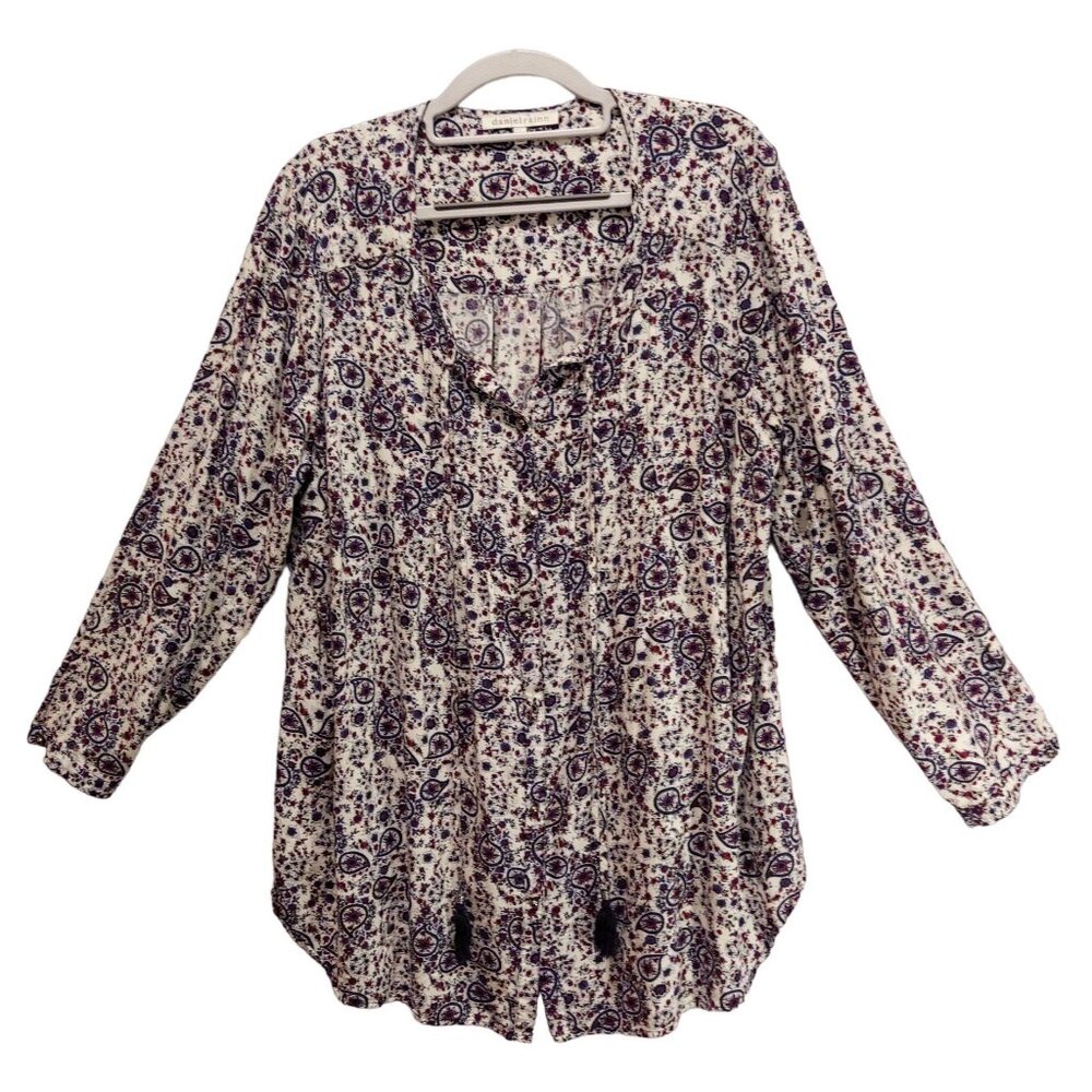 Daniel Rain Blouse womens 1x Peasant roll tab floral tie tassels silver buttons
